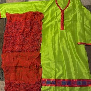 Generation boutique medium lime green silk with red crushed silk print dupatta